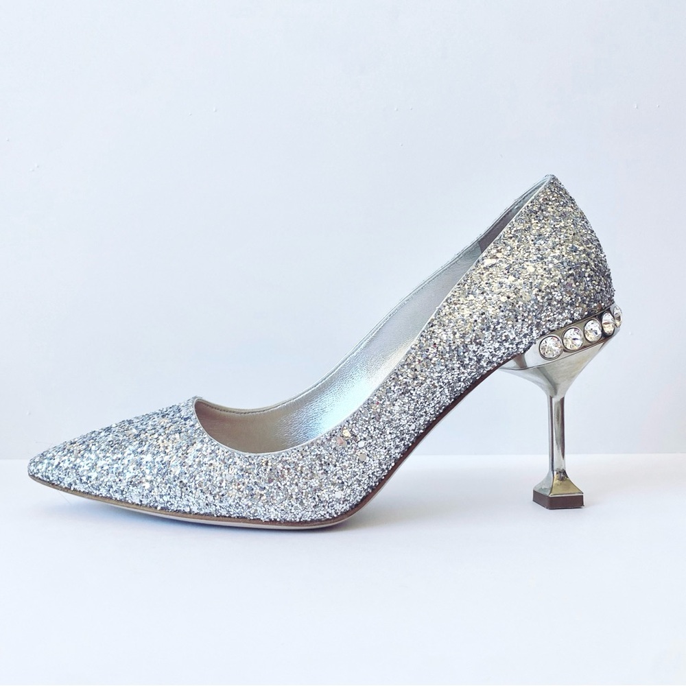 Miu Miu Silver Glitter Crystal Pumps